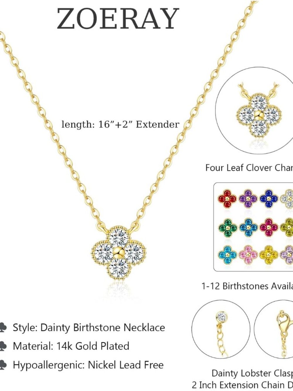 Dainty Birthstone Gold Clover Necklace for Women Trendy Non Tarnish - Picture 5 of 6